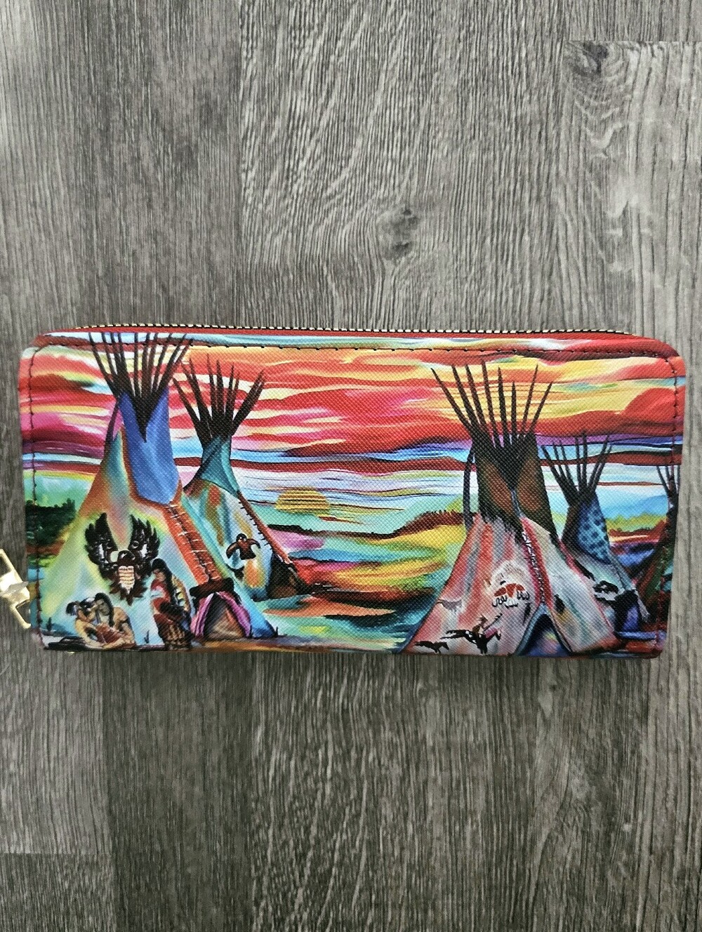 Native American Print Zip Wallet | Colorful Teepee Western Leather Clutch